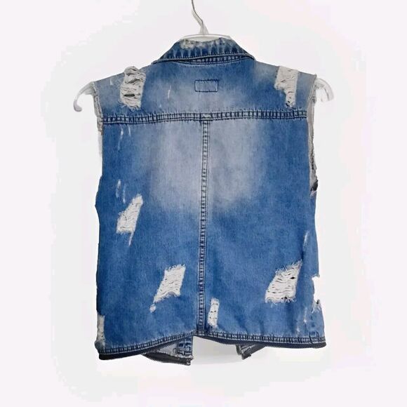 Jean Sen Distressed Destroyed Denim Vest Zipper Hem Women Size Small - Picture 2 of 4